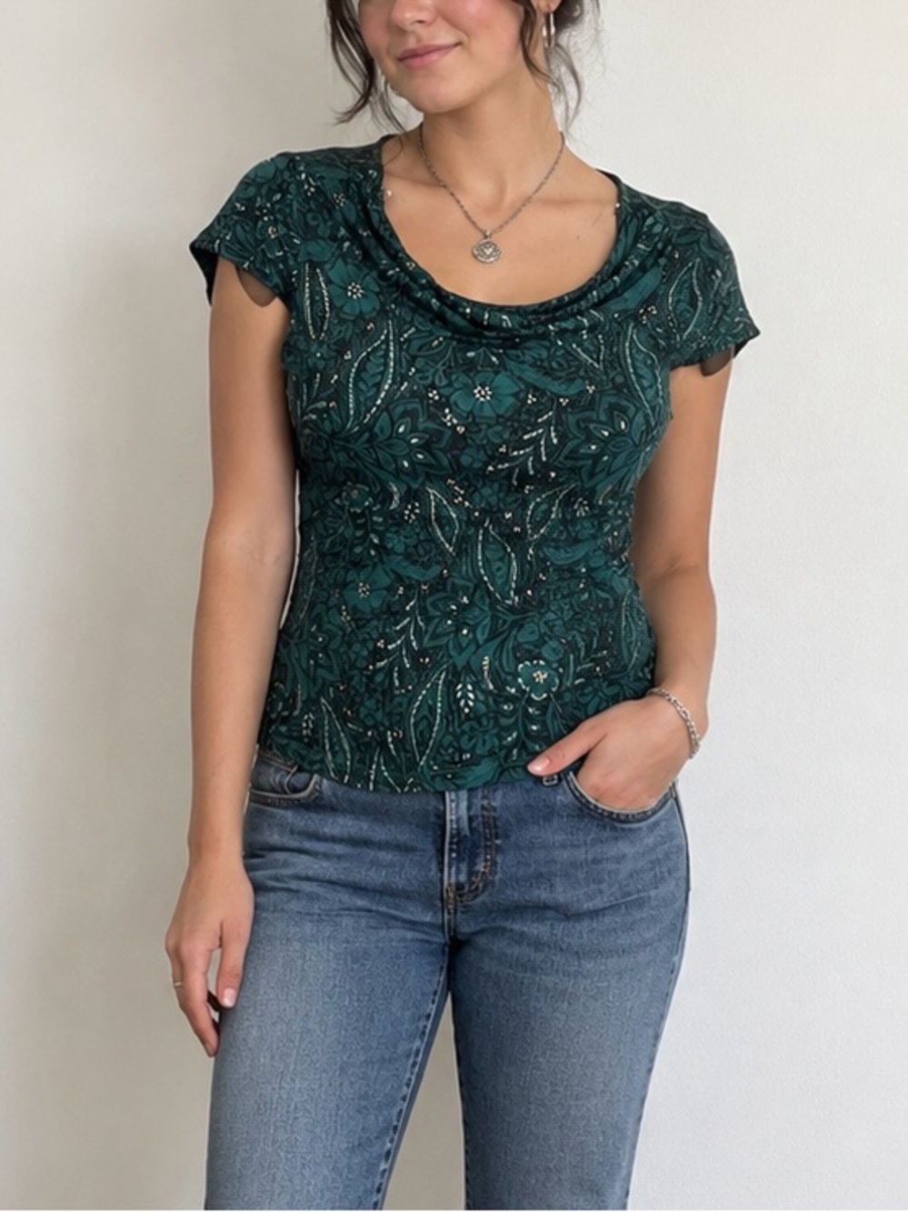 Vintage 90s Green Floral Cowl Neck Short Sleeve Top Academia Classic Office Wear